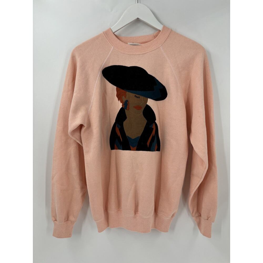 Hanes Vintage Sweater Womens Large Pink Woman Face Print Pullover Crewneck Knit